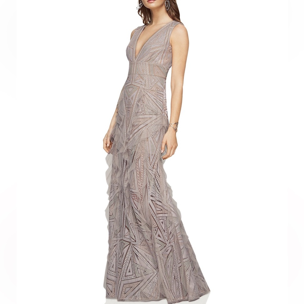 BCBGMAXAZRIA Plunge V-Neck Lace and Ruffle Gown